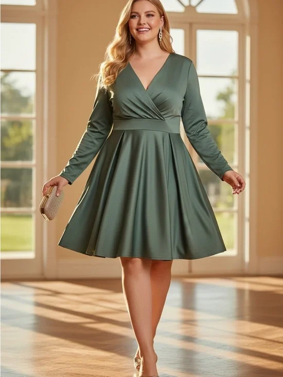 Elle Olive Green V-Neck Long Sleeve Dress - Picture 1 of 6